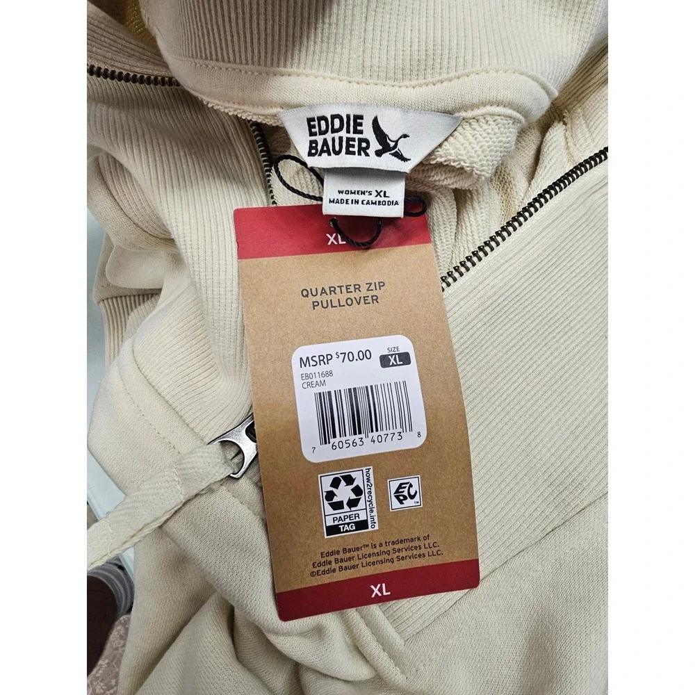 Eddie‎ Bauer Womens XL Quarter Zip Pullover Cream Sweatshirt EB011688 New